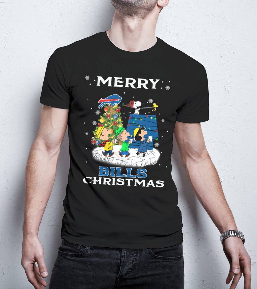 Merry Buffalo Bills Christmas With Snoopy And Peanuts Festive Scene T-Shirt