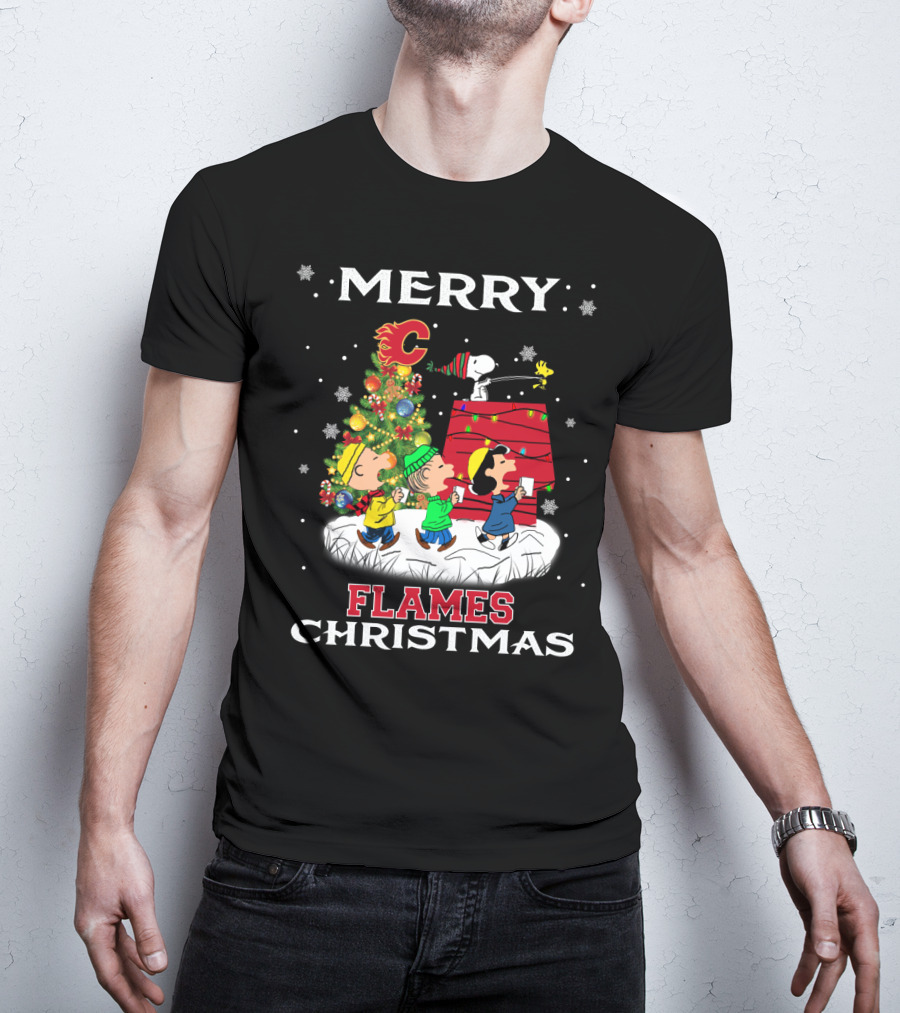 Merry Calgary Flames Christmas Snoopy Peanuts Tree T-Shirt