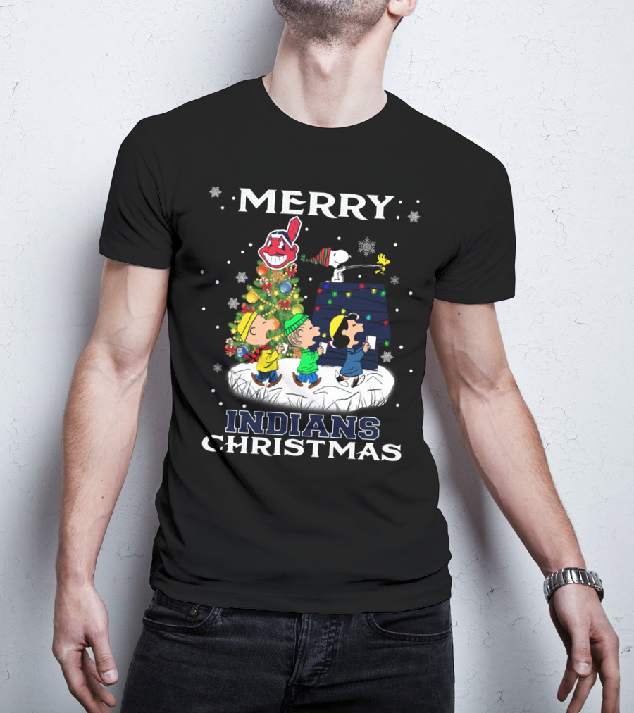 Merry Indians Christmas Snoopy Peanuts Caroling Baseball Holiday T-Shirt