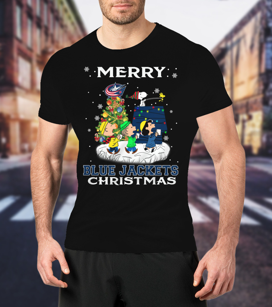 Merry Blue Jackets Christmas Snoopy With Tree And Characters T-Shirt
