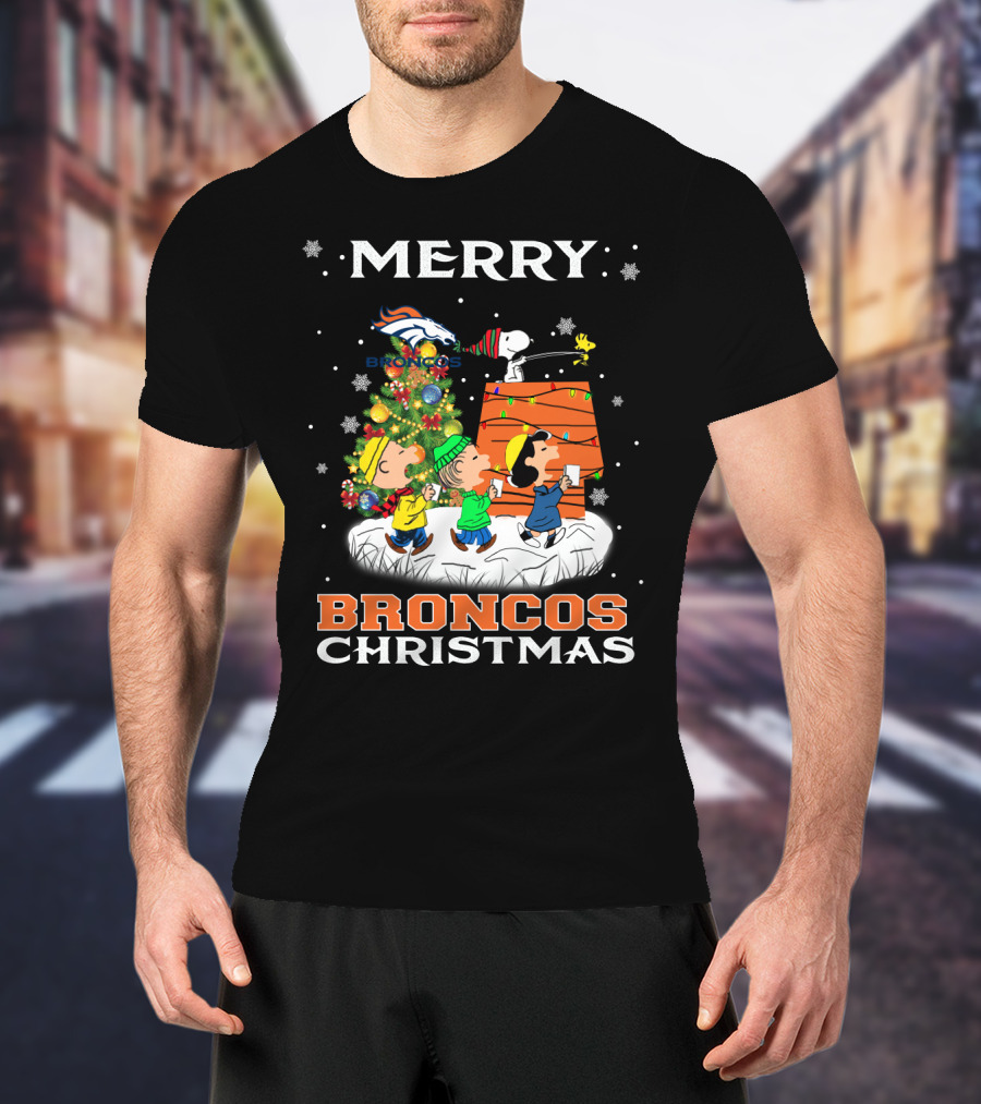 Merry Broncos Christmas Snoopy Fans Denver Christmas Tree Peanuts T-Shirt