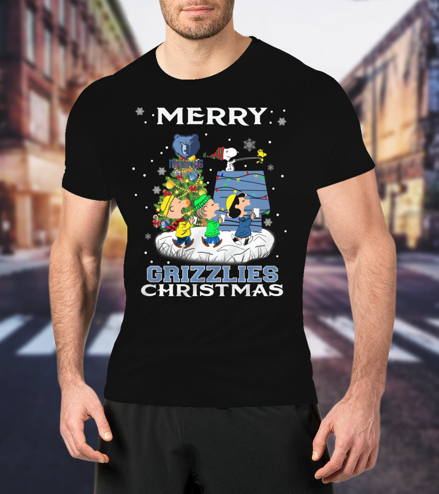 Merry Memphis Grizzlies Christmas Snoopy And Friends Holiday Scene T-Shirt