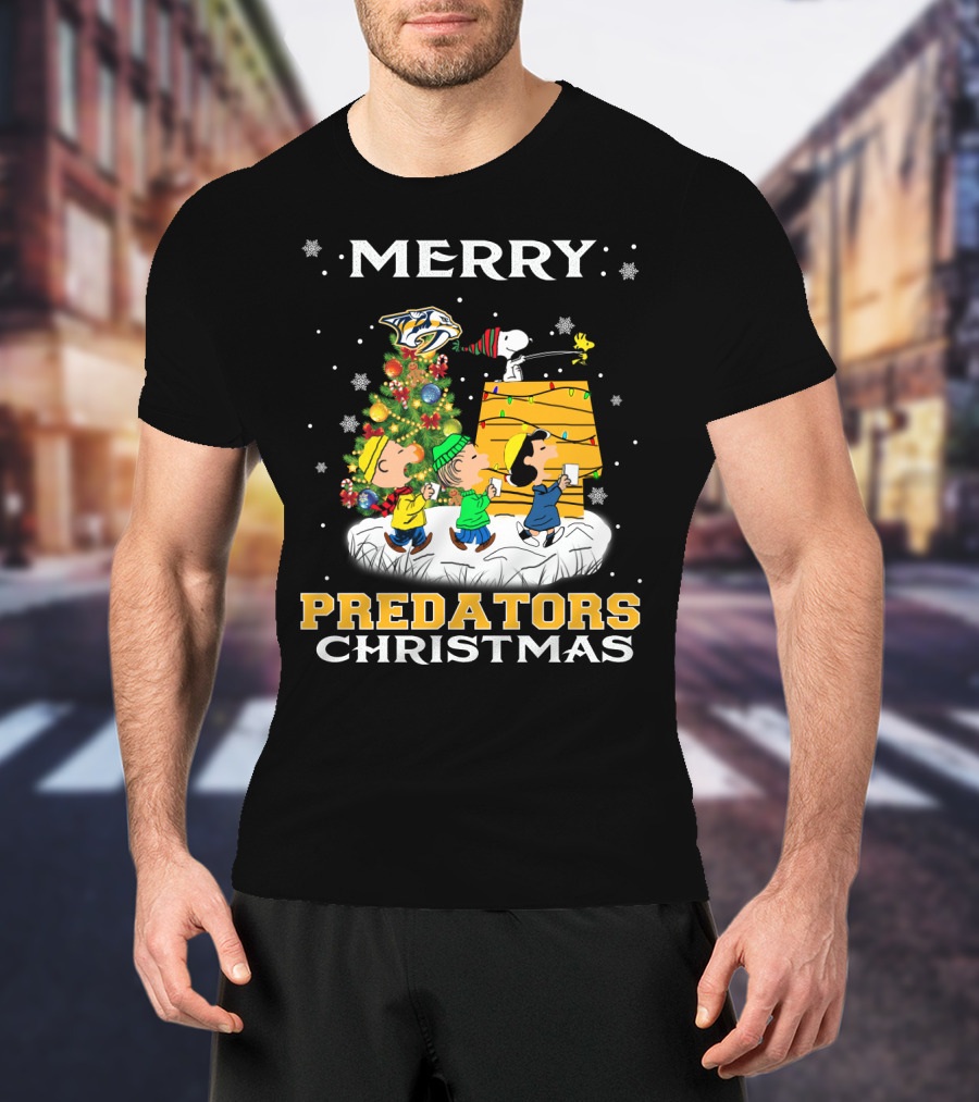 Merry Nashville Predators Christmas Snoopy Woodstock Lucy Charlie Brown Linus Caroling Holiday Scene T-Shirt
