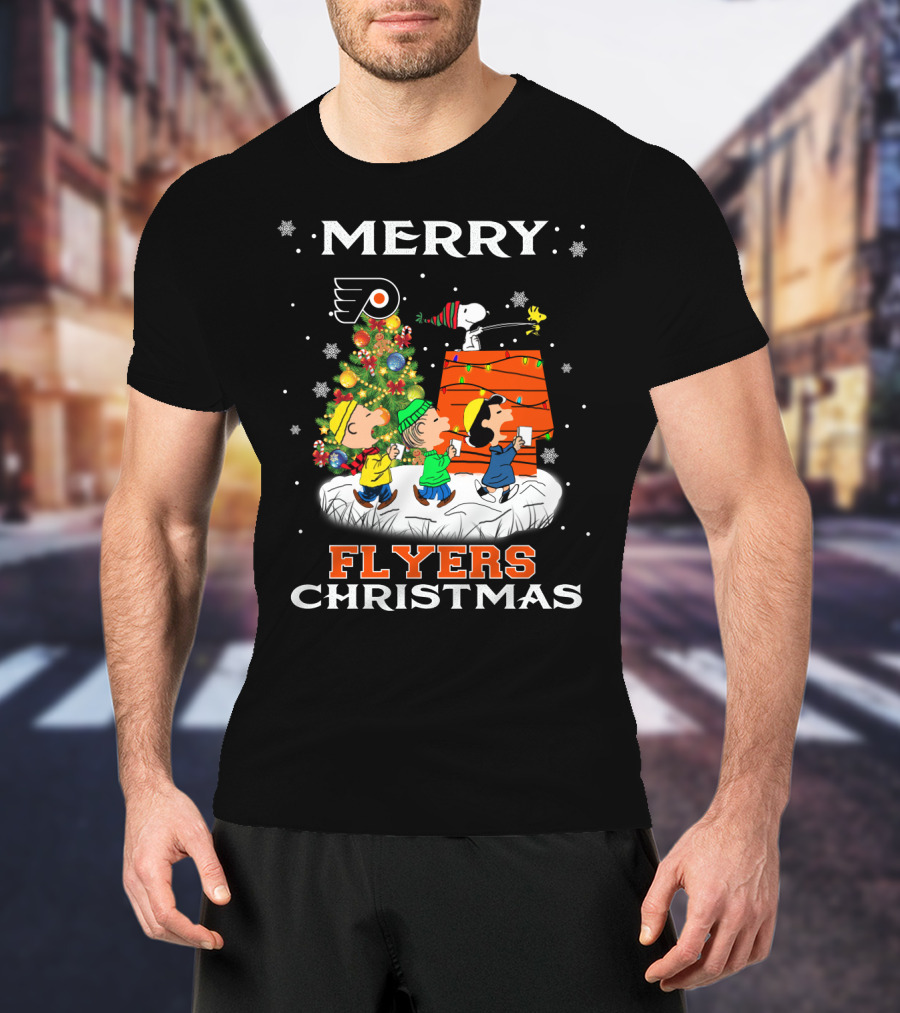 Merry Philadelphia Flyers Christmas Snoopy Tree Woodstock Lucy Charlie Brown Linus Snowflakes T-Shirt