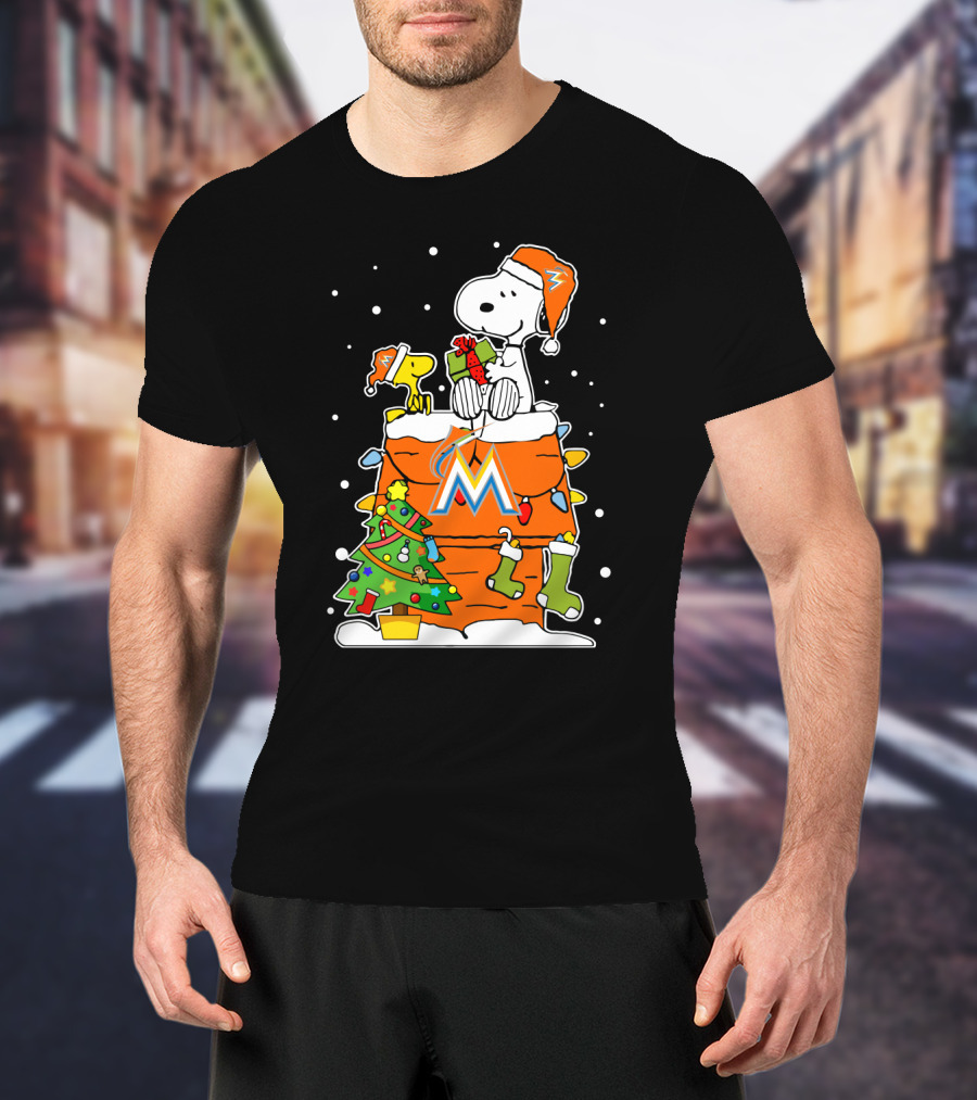 Miami Marlins Snoopy Christmas Peanuts Charlie Brown Winter Holiday T-Shirt