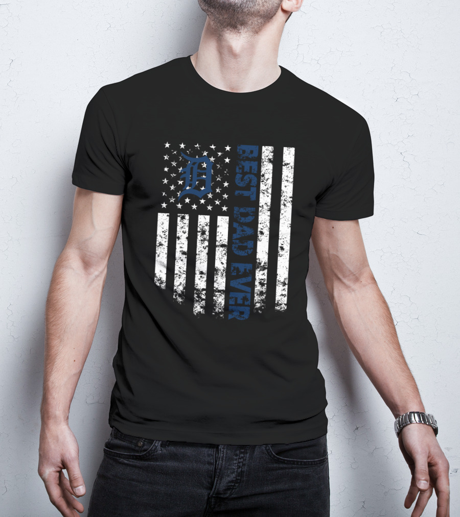 Best Dad Ever Detroit Tigers American Flag Stripes T-Shirt