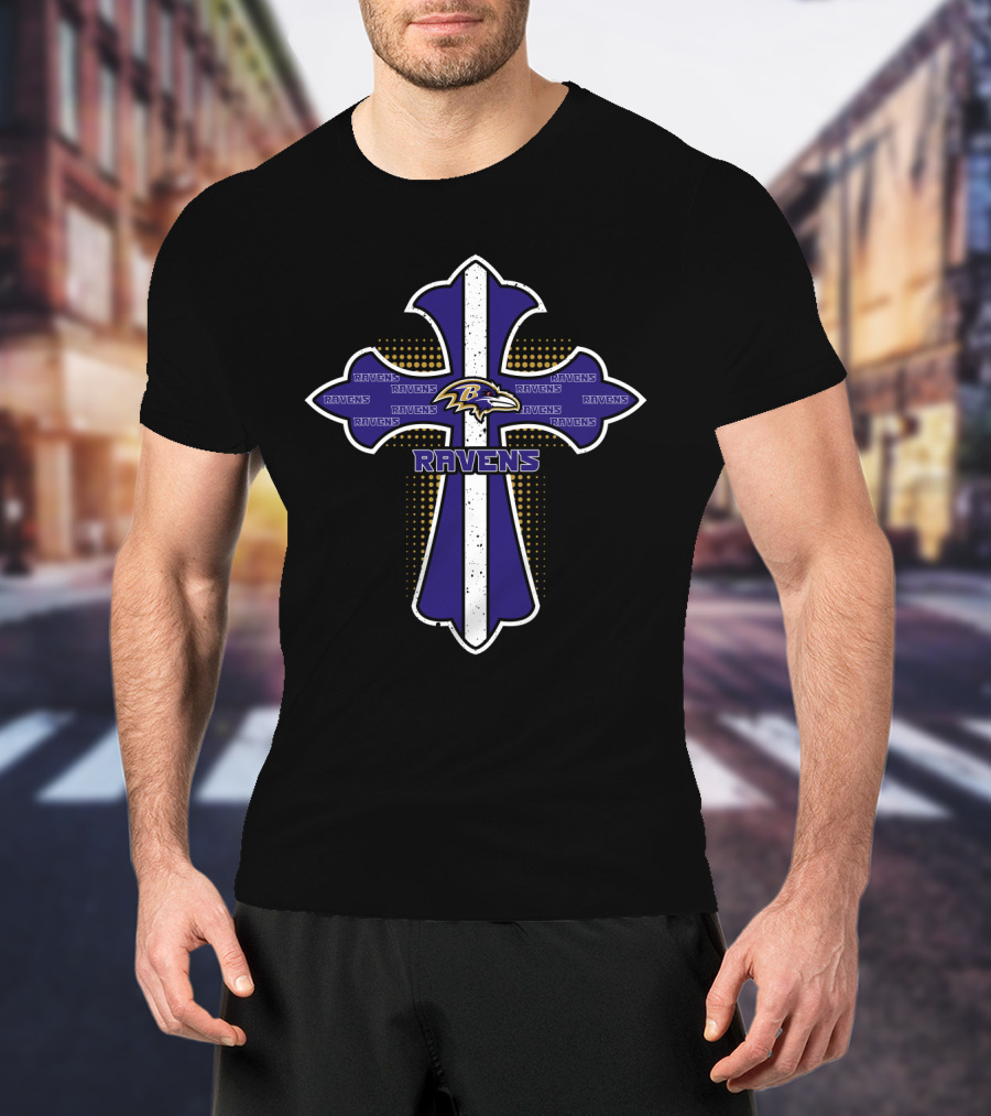 Ravens Cross Featuring Baltimore Ravens Logo And Team Spirit T-Shirt
