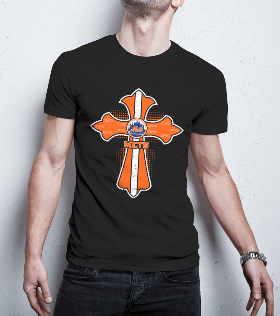 New York Mets Logo On Orange Cross With Fans Theme For Jesus Supporters T-Shirt