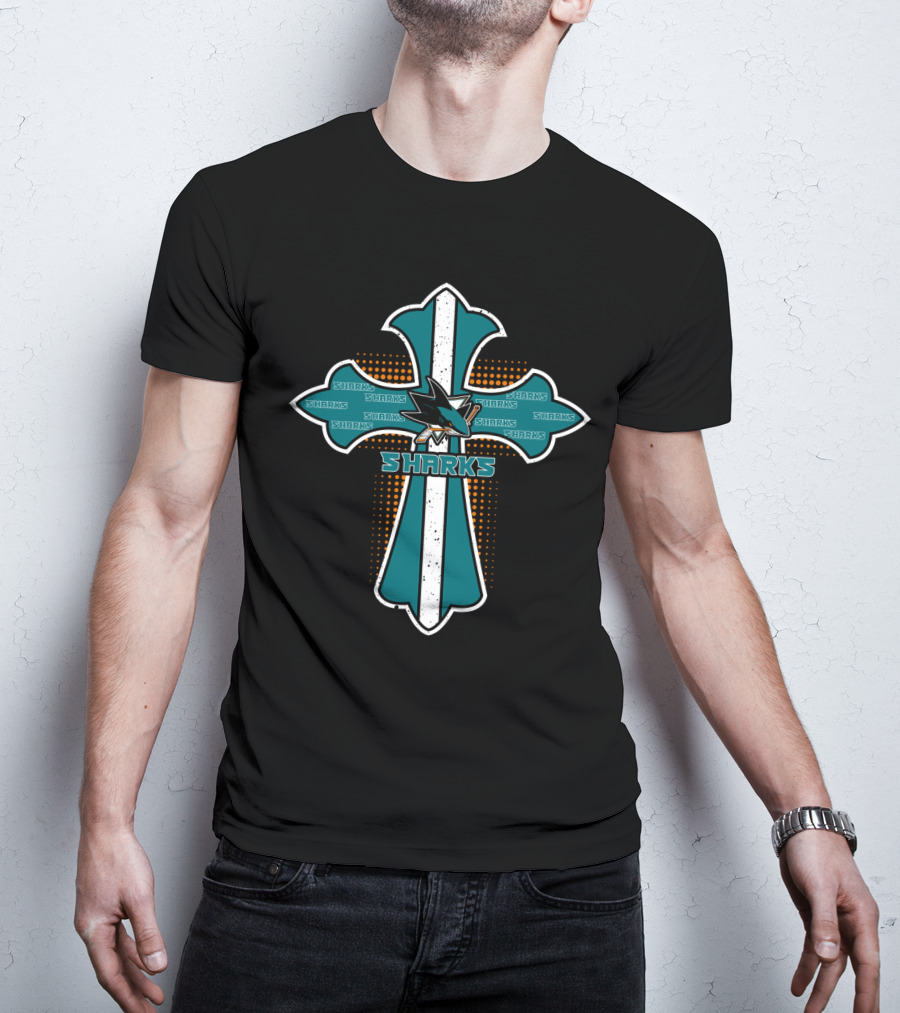 Cross With Sharks Logo For San Jose Fans T-Shirt