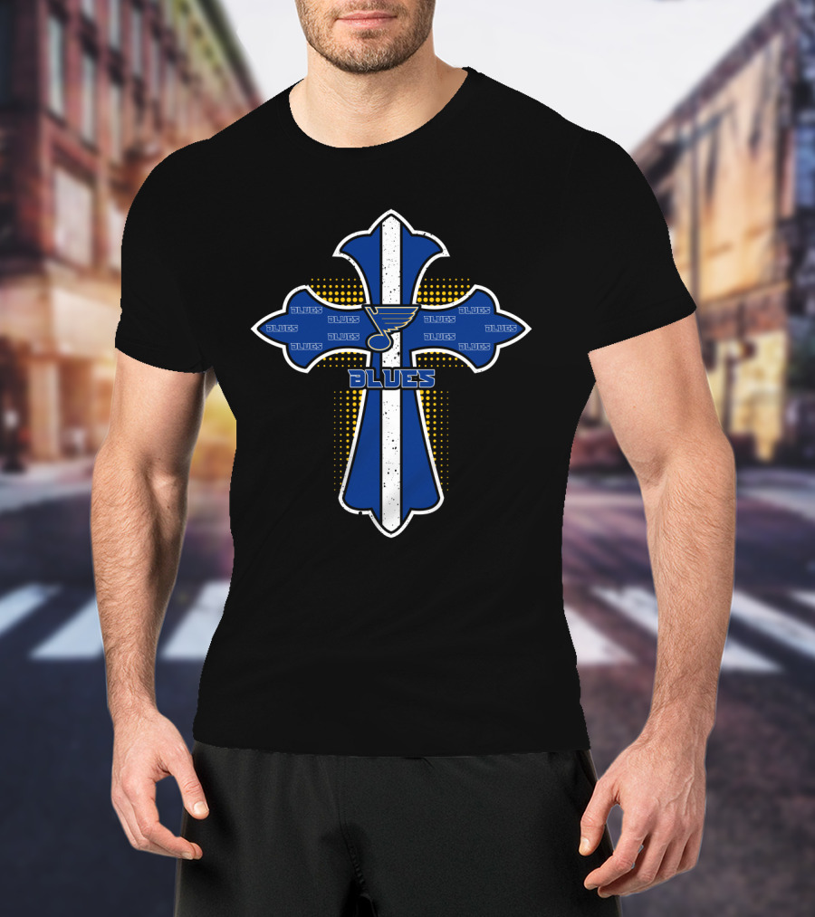 Blues Cross With St. Louis Blues Hockey Symbol And Blues Text For Devoted Fans T-Shirt