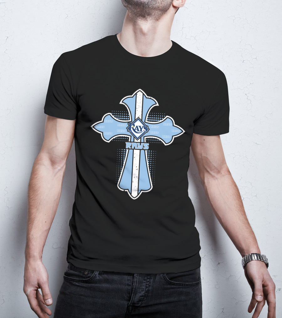 Rays Cross Design Featuring Tampa Bay Rays Text And Logo On Blue Cross T-Shirt