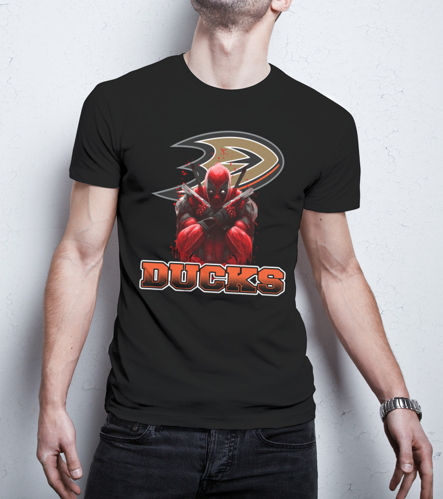 Anaheim Ducks And Deadpool Mashup Featuring Iconic Logo And Comic Character T-Shirt