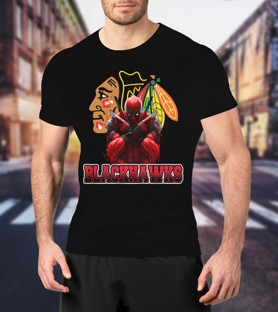 Blackhawks Deadpool Fan Crossover Artwork Featuring Team Logo And Comic Character T-Shirt