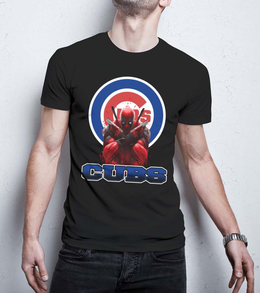 Deadpool With Crossed Swords Over Chicago Cubs Logo CUBS Text T-Shirt