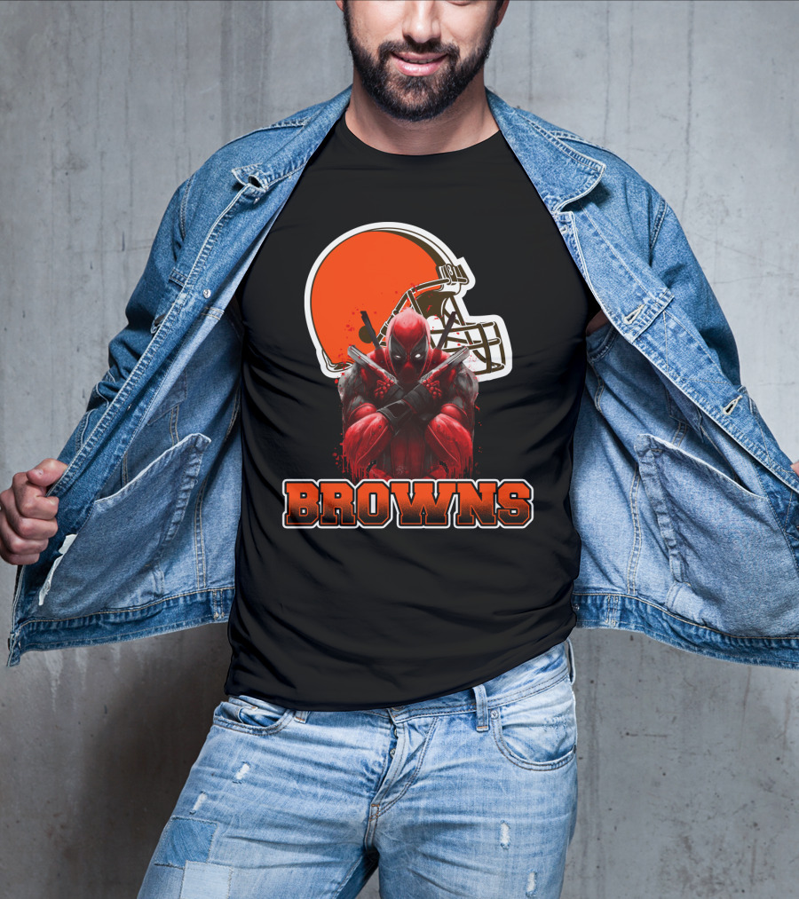 Cleveland Browns And Deadpool Crossover With Iconic Helmet And Character T-Shirt