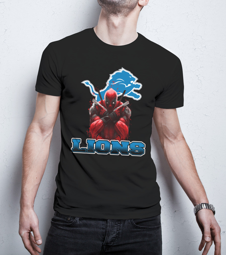 Detroit Lions Deadpool Crossover Fans Blue Lion T-Shirt