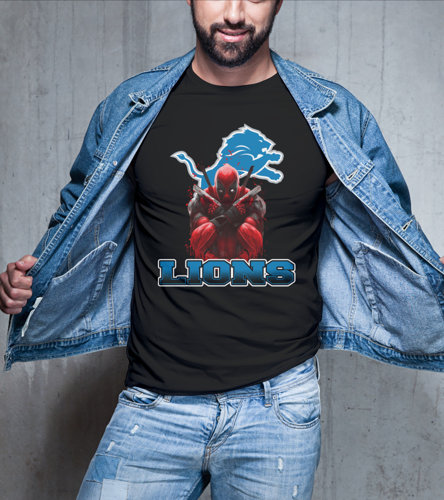 Detroit Lions Deadpool Crossover Fans Blue Lion T-Shirt