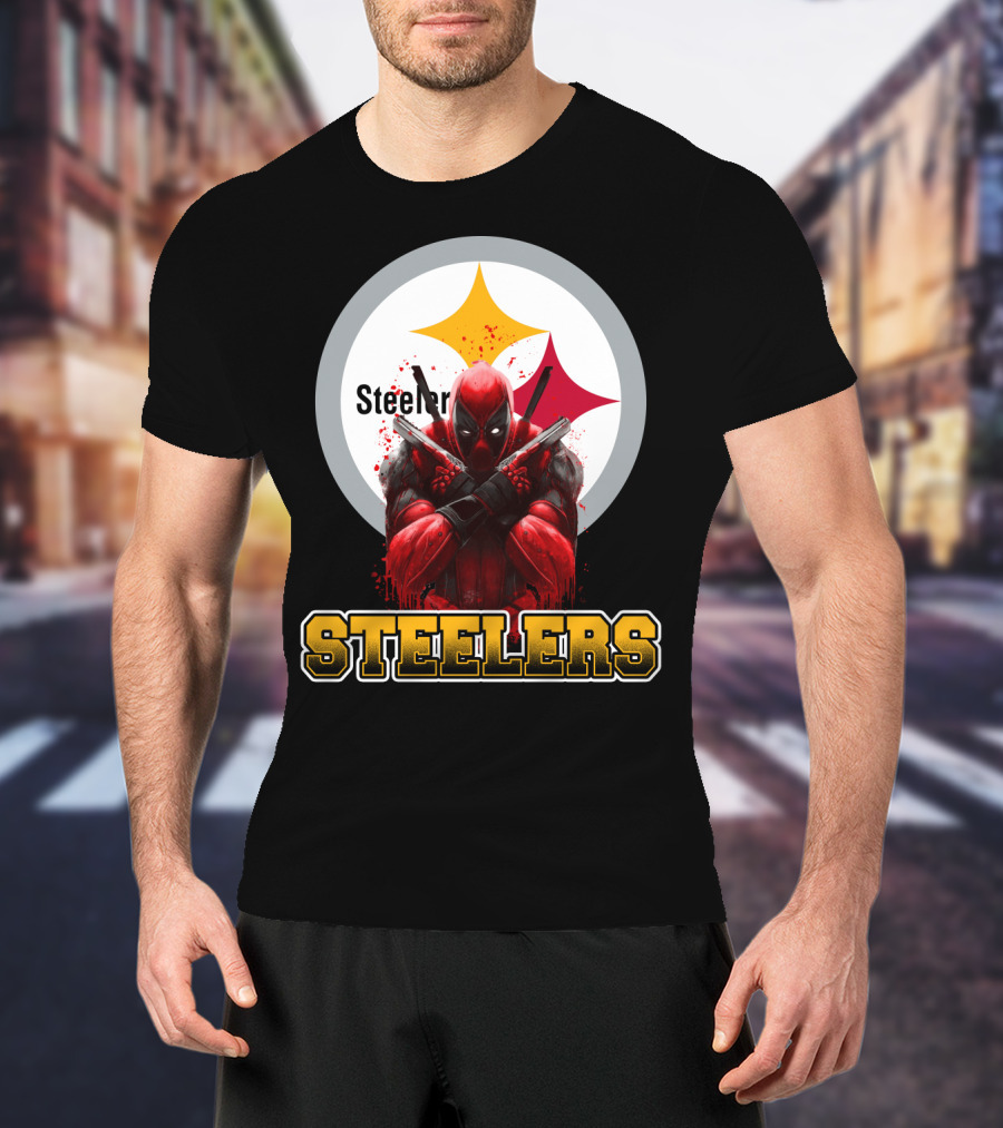 Steelers Deadpool Crossover With Pittsburgh Steelers Logo And Character Pose T-Shirt