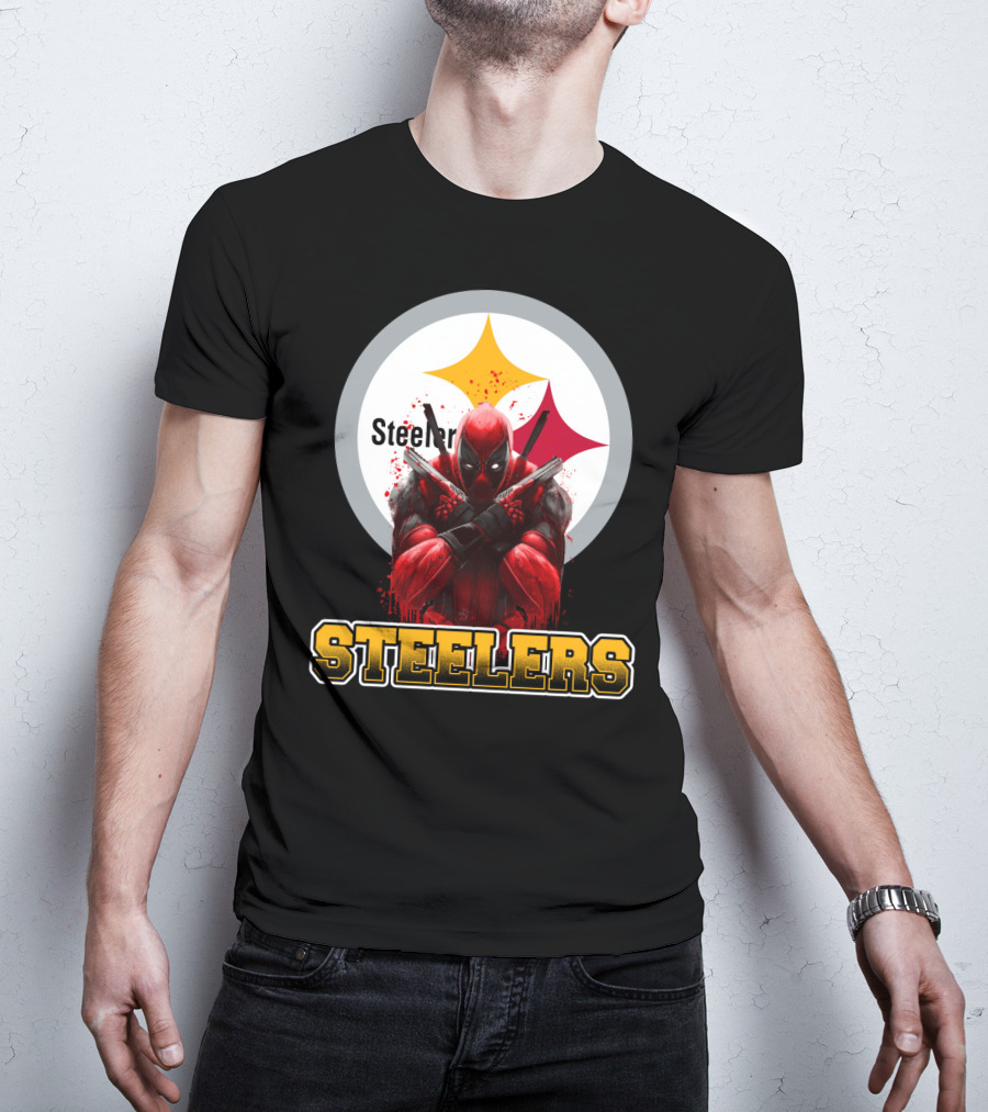 Steelers Deadpool Crossover With Pittsburgh Steelers Logo And Character Pose T-Shirt