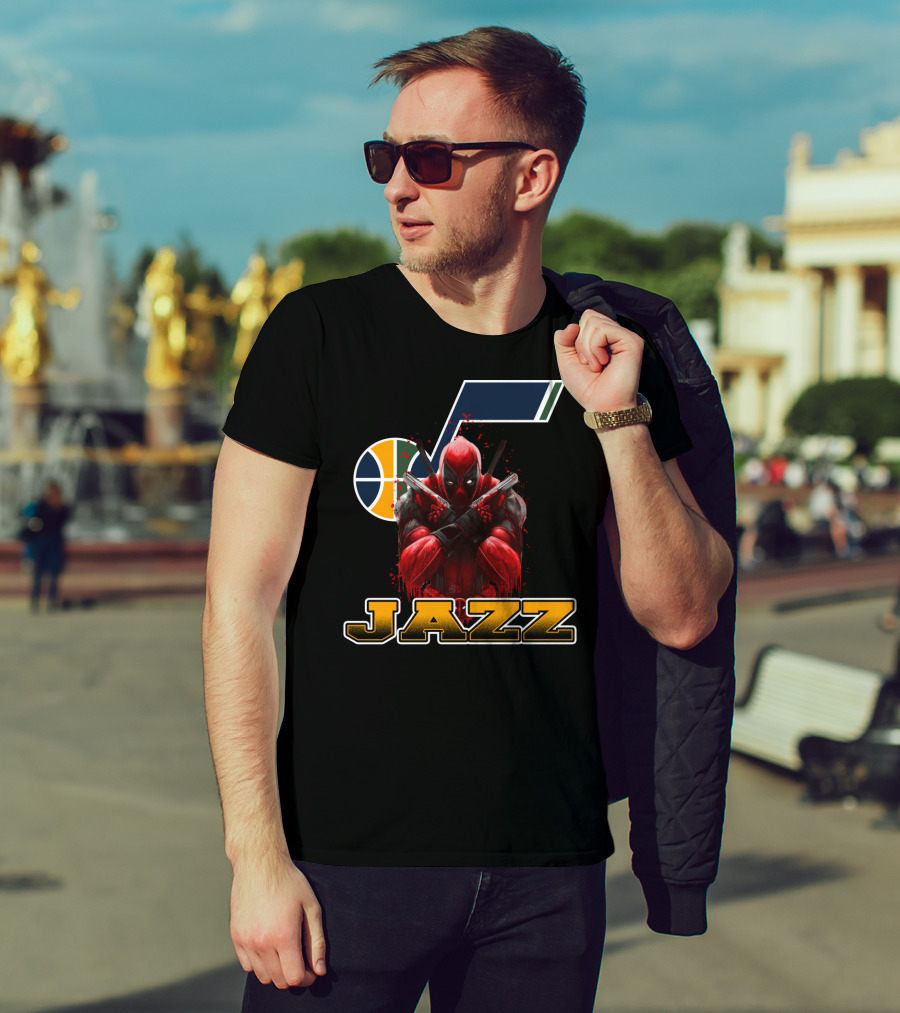 Utah Jazz NBA Logo With Deadpool Character Crossover For Fans T-Shirt