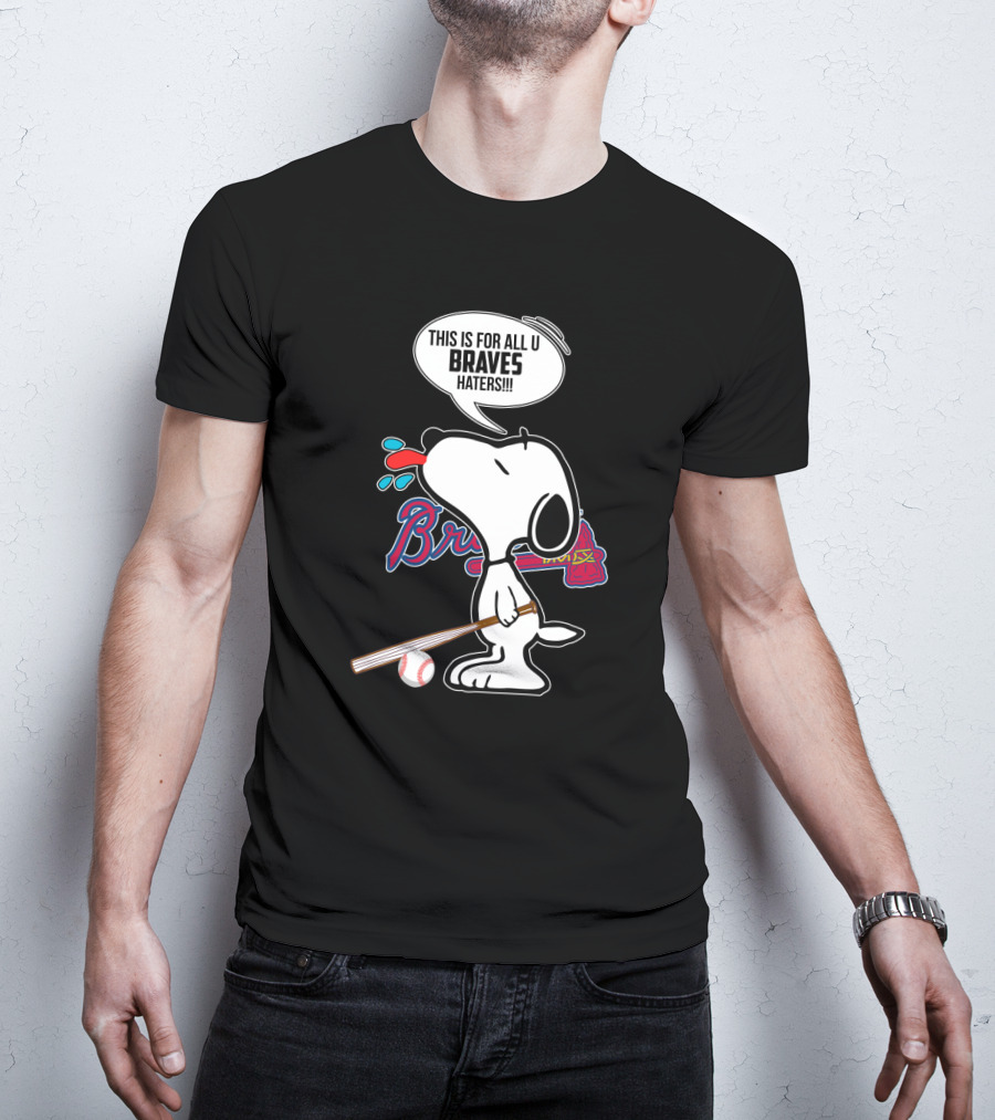 Snoopy Braves Tongue Out With Baseball Bat And Braves Text T-Shirt