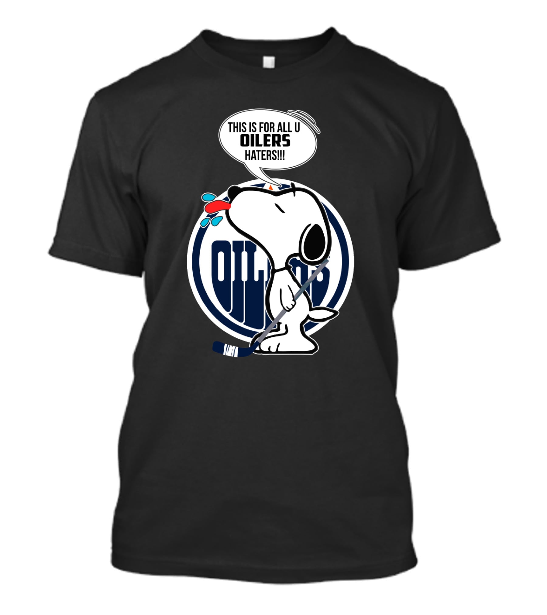Snoopy Hockey Stick Edmonton Oilers Logo Haters Speech Bubble T-Shirt
