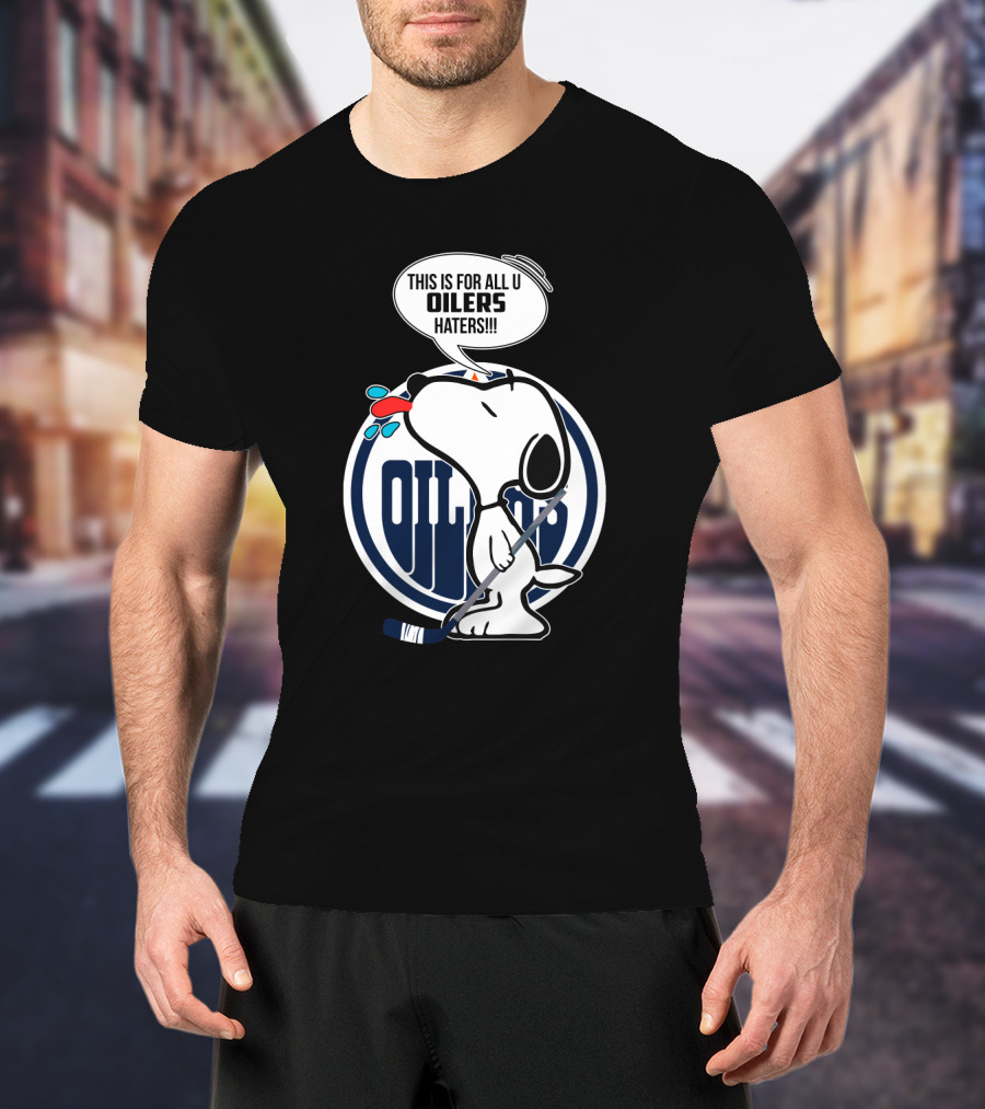 Snoopy Hockey Stick Edmonton Oilers Logo Haters Speech Bubble T-Shirt