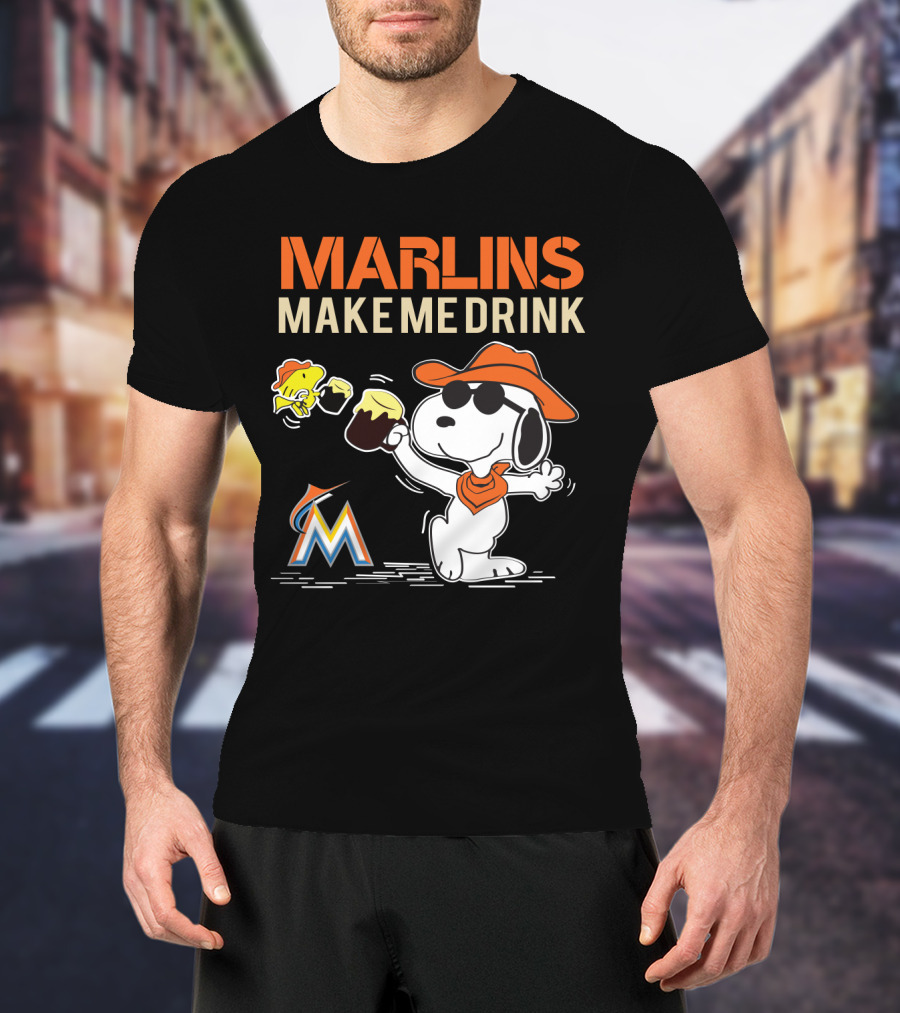 Marlins Make Me Drink Snoopy With Miami Marlins Logo And Beer Toast T-Shirt