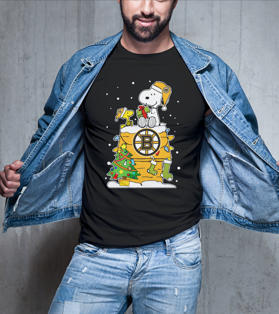 Boston Bruins Christmas Snoopy And Woodstock With Hockey T-Shirt