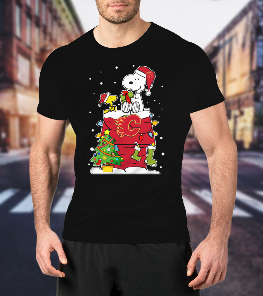 Snoopy And Woodstock Celebrating Christmas With Calgary Flames T-Shirt