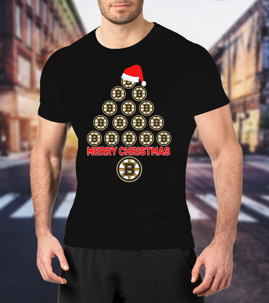 Merry Christmas Boston Bruins Tree Santa Hat T-Shirt