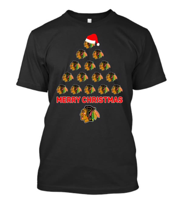 Merry Christmas Chicago Blackhawks Tree With Santa Hat Logo T-Shirt