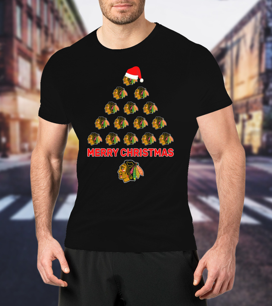 Merry Christmas Chicago Blackhawks Tree With Santa Hat Logo T-Shirt