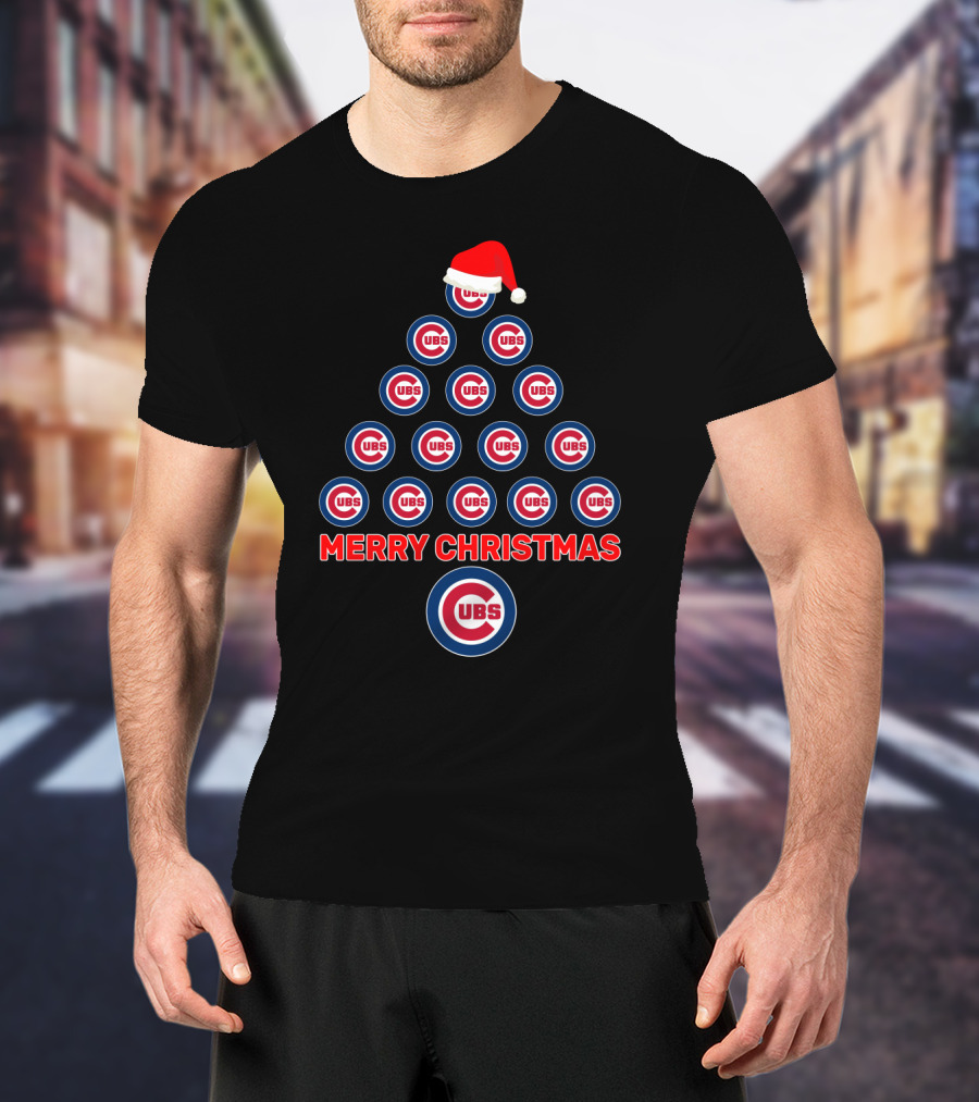 Merry Christmas Cubs Logo Christmas Tree Design With Santa Hat T-Shirt