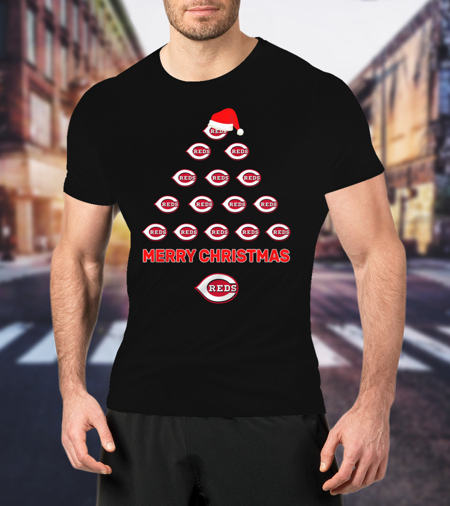Merry Christmas Cincinnati Reds Logos In Tree Formation With Santa Hat T-Shirt