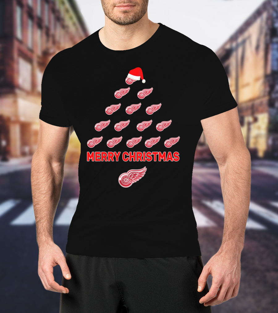 Detroit Red Wings Merry Christmas Tree With Santa Hat T-Shirt