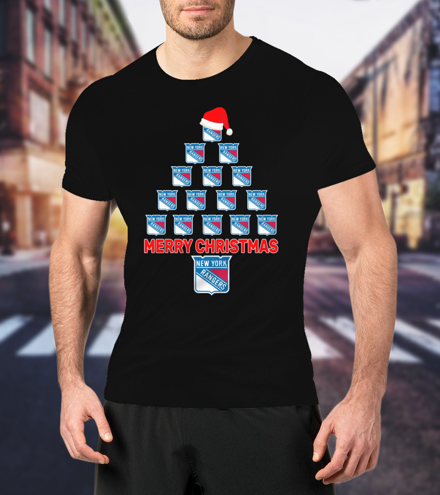 Merry Christmas New York Rangers Logo Tree With Santa Hat T-Shirt