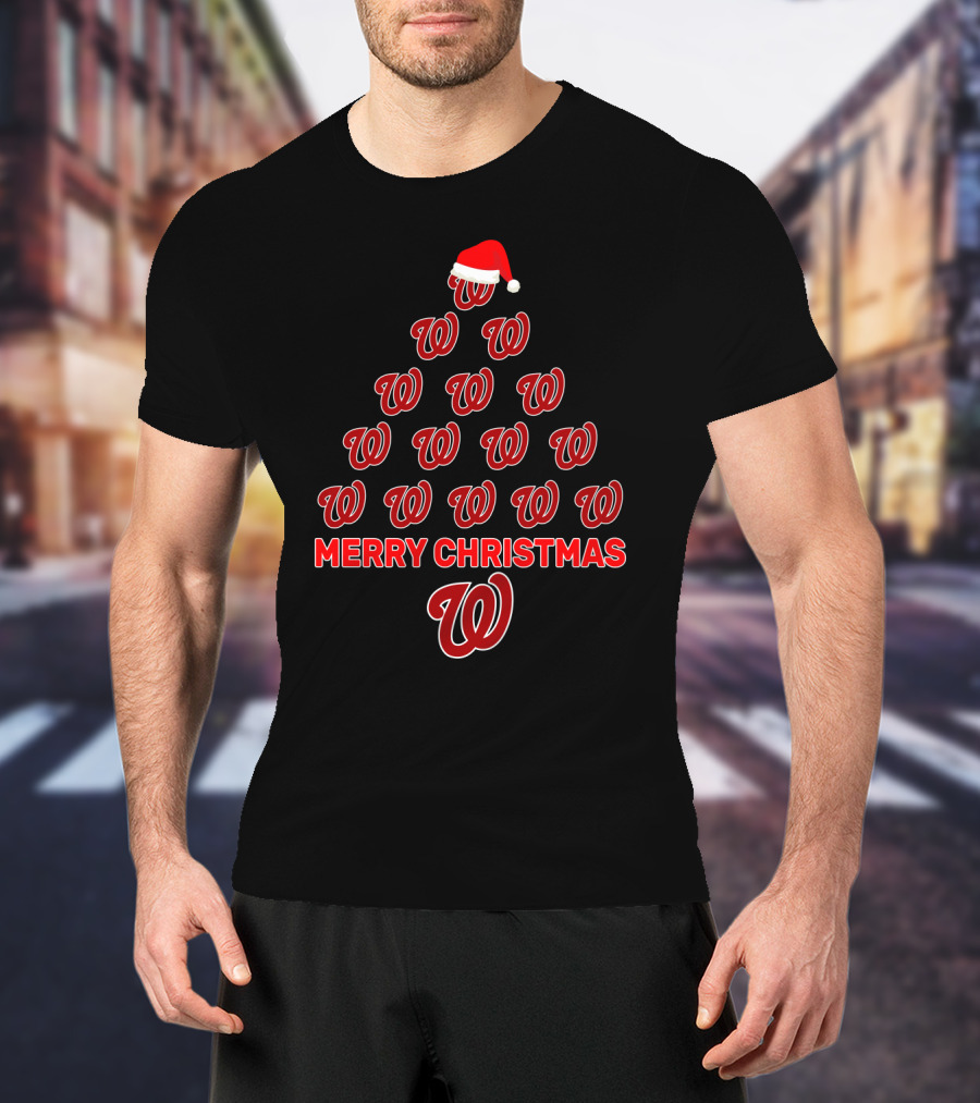 Washington Nationals Merry Christmas Tree With Santa Hat T-Shirt