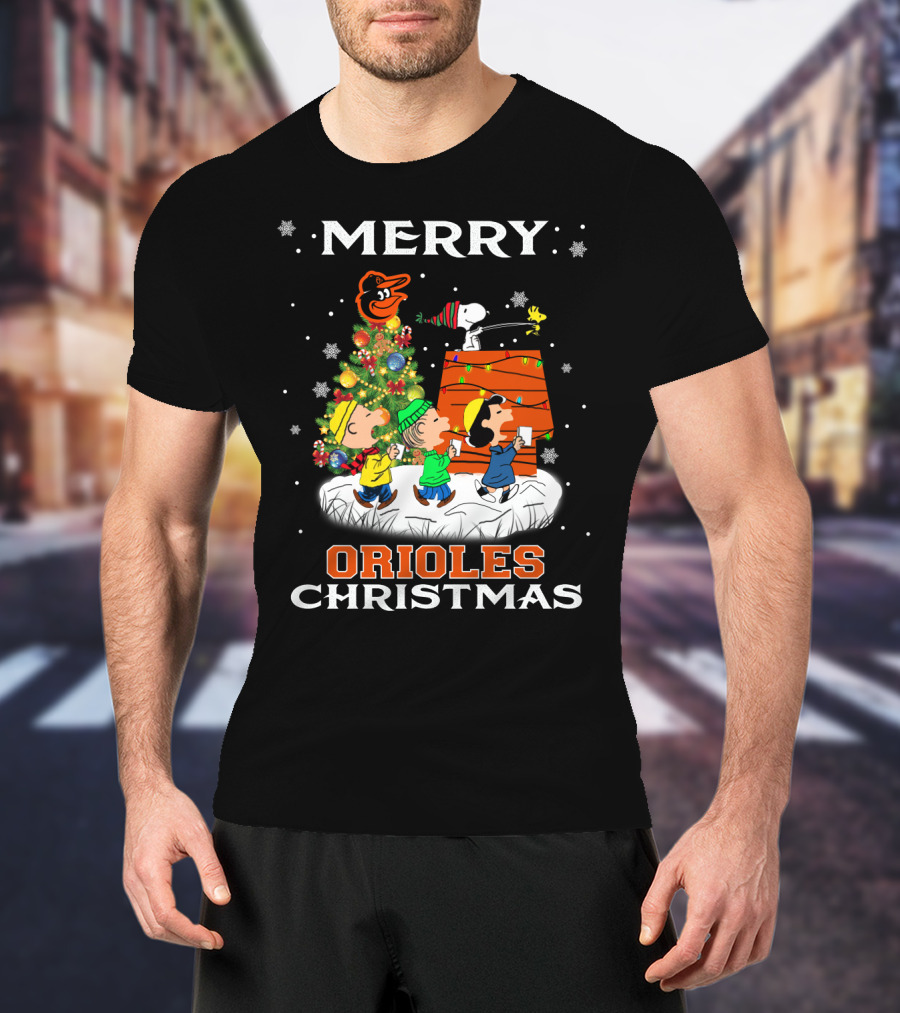 Merry Orioles Christmas Featuring Snoopy And Friends With Baltimore Logo And Festive Tree T-Shirt