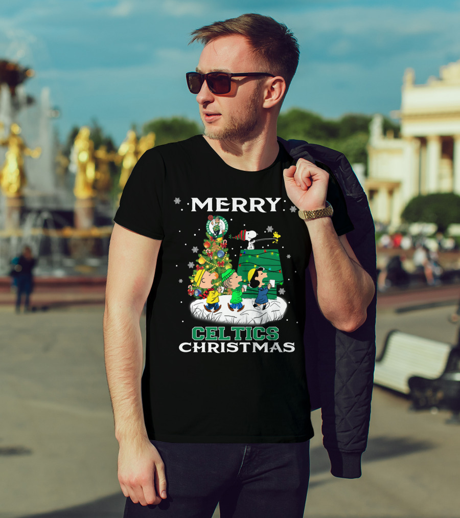 Merry Celtics Christmas Featuring Snoopy And Peanuts Gang T-Shirt