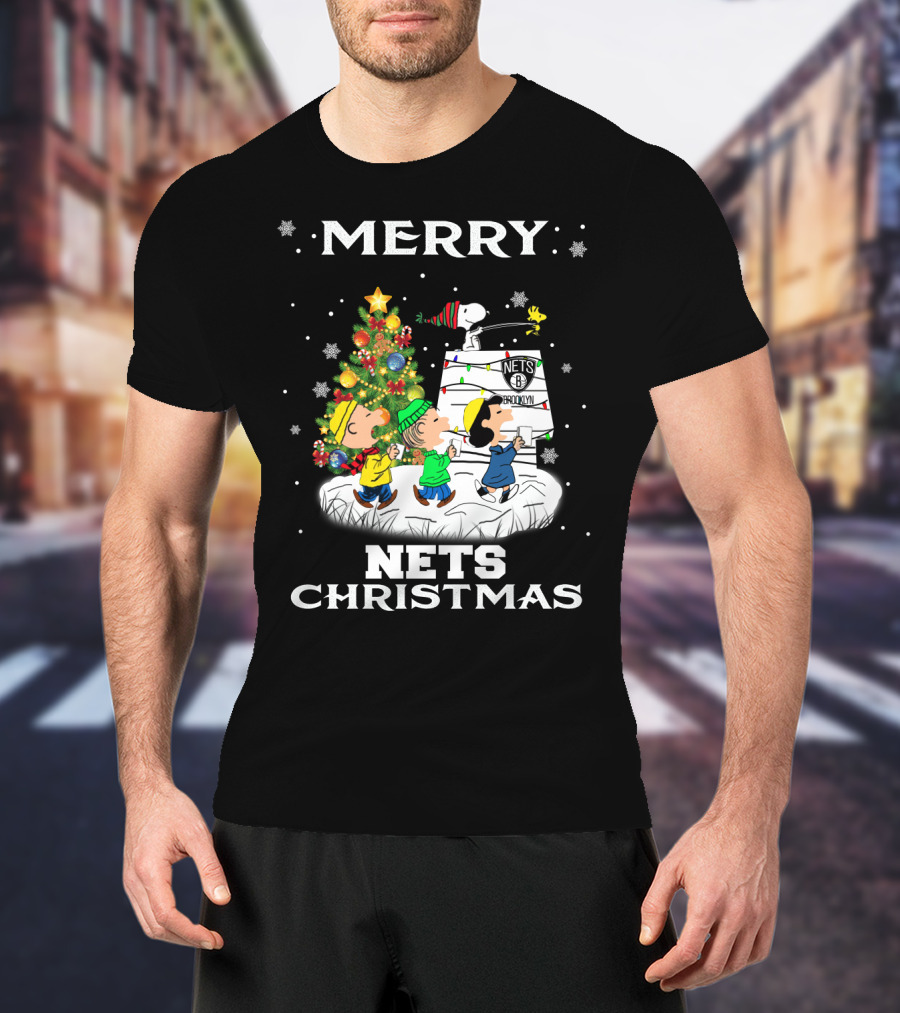 Merry Brooklyn Nets Christmas Snoopy Fans Peanuts Christmas Tree T-Shirt