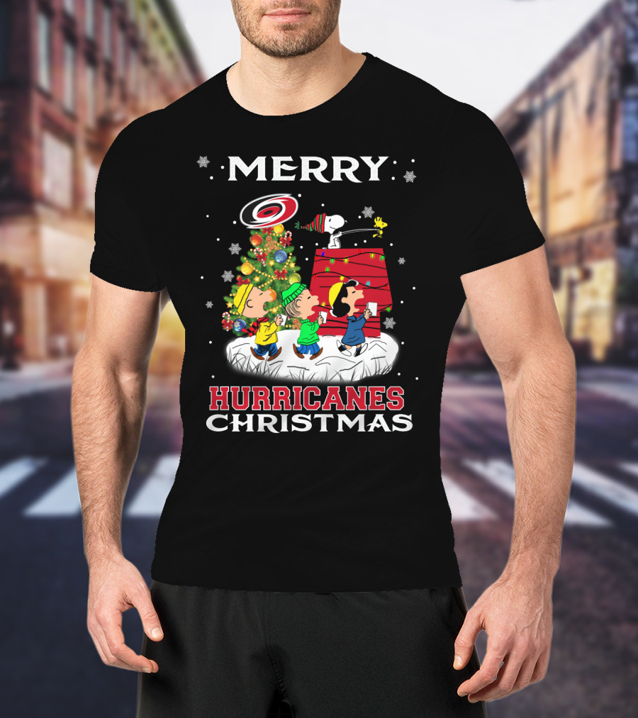 Merry Carolina Hurricanes Christmas Snoopy Peanuts Characters Caroling Winter Scene T-Shirt