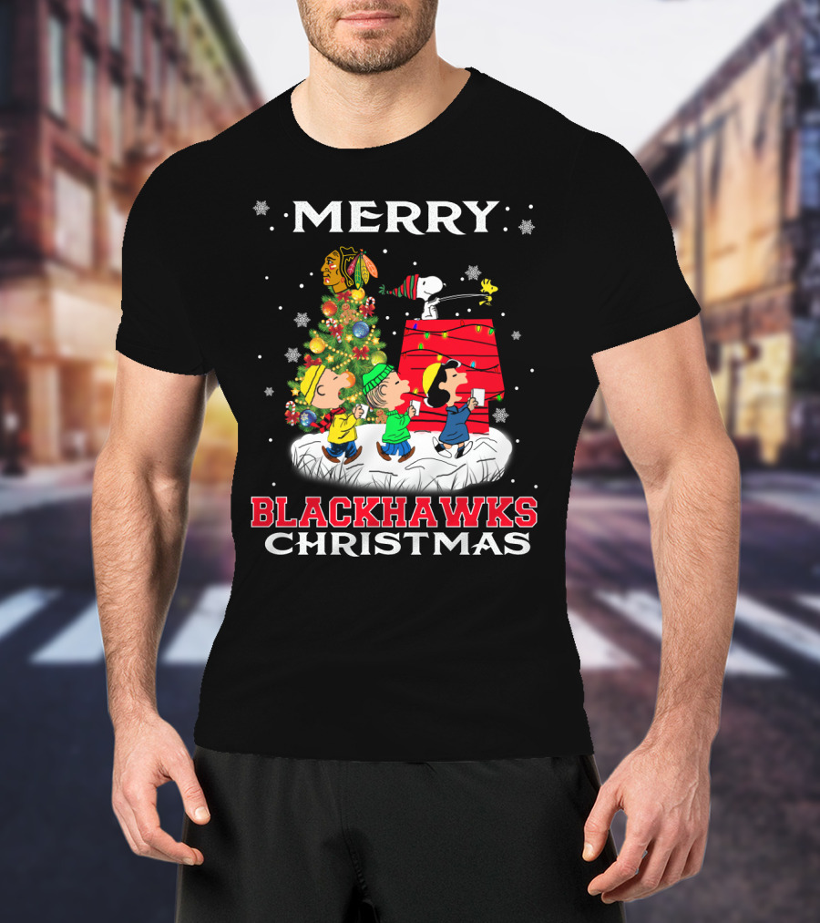 Merry Blackhawks Christmas Featuring Snoopy Woodstock And Friends With Chicago Blackhawks T-Shirt
