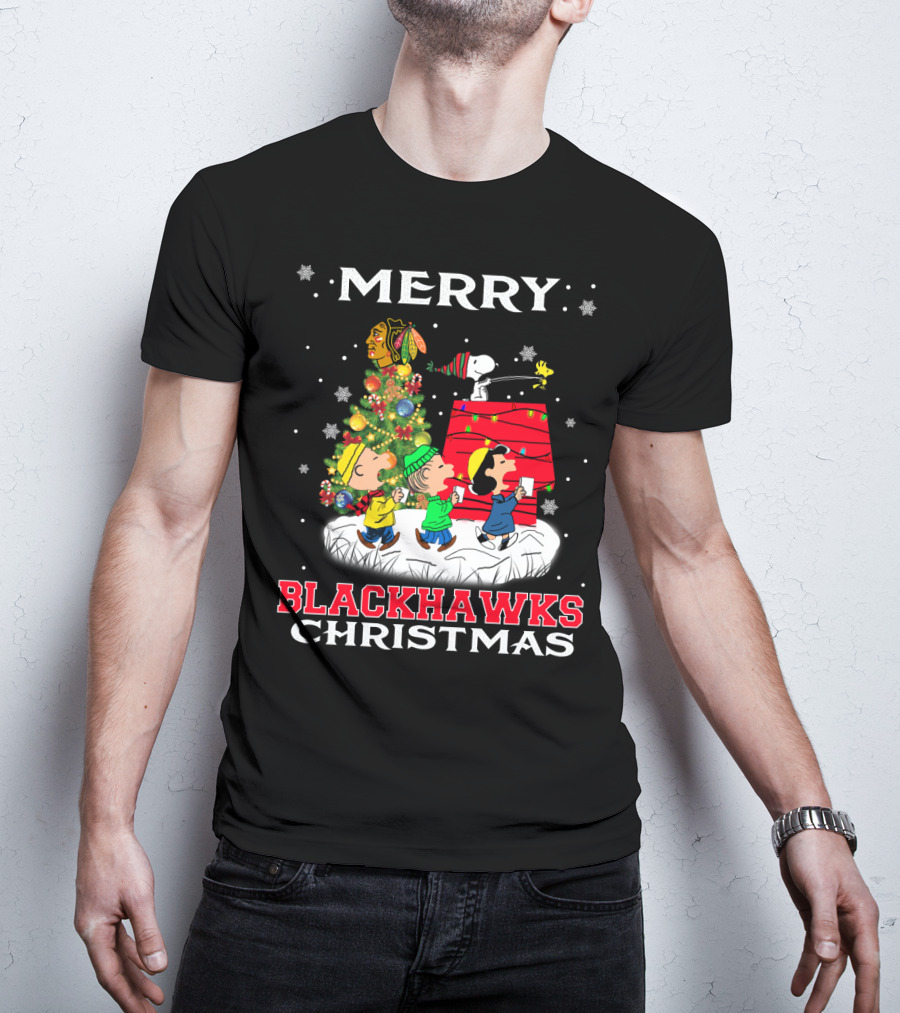 Merry Blackhawks Christmas Featuring Snoopy Woodstock And Friends With Chicago Blackhawks T-Shirt