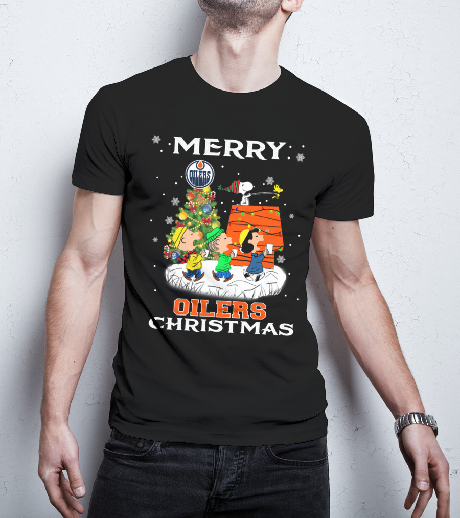 Merry Edmonton Oilers Christmas With Snoopy And Peanuts Characters T-Shirt