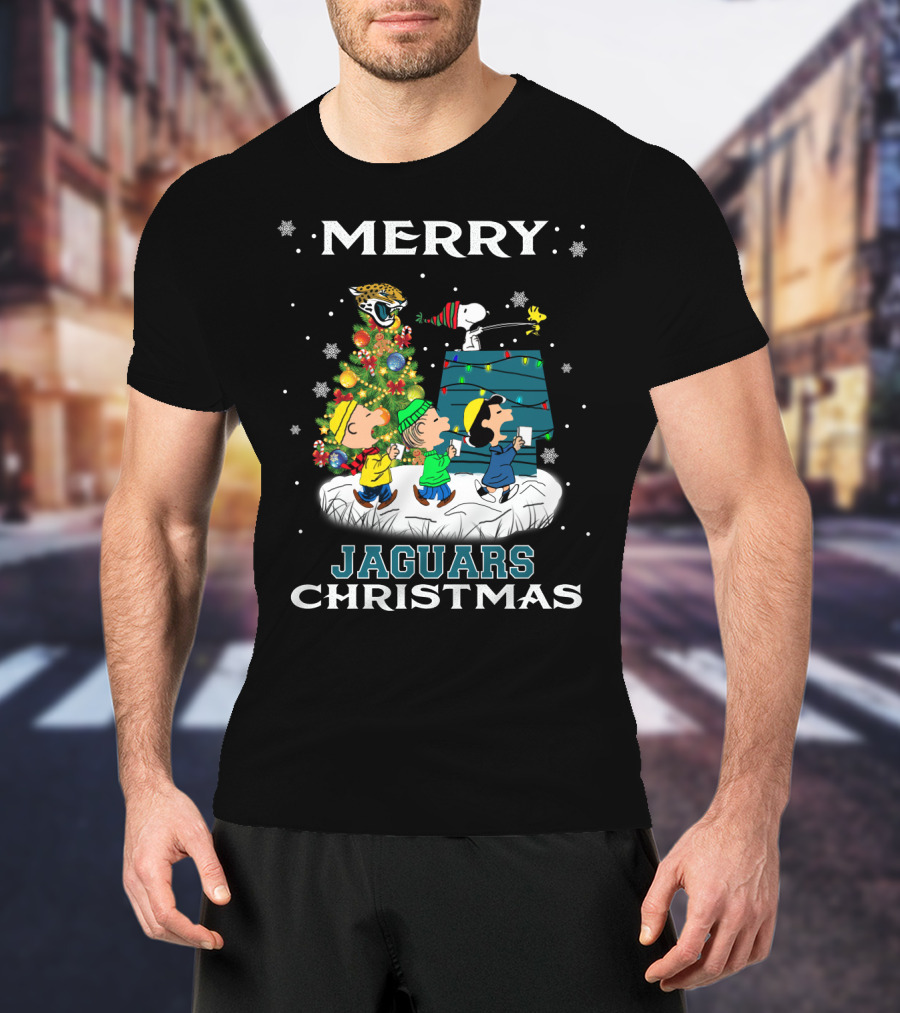 Merry Jaguars Christmas Snoopy And Peanuts Holiday Scene T-Shirt
