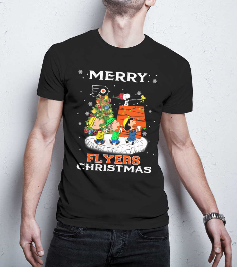 Merry Philadelphia Flyers Christmas Snoopy Peanuts Holiday Celebration Tree Woodstock T-Shirt