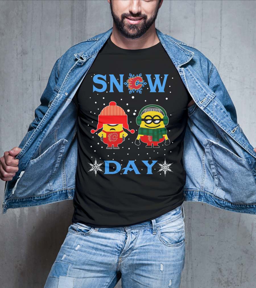 Calgary Flames Snow Day With Minions Fans Dressed For Winter Fun T-Shirt