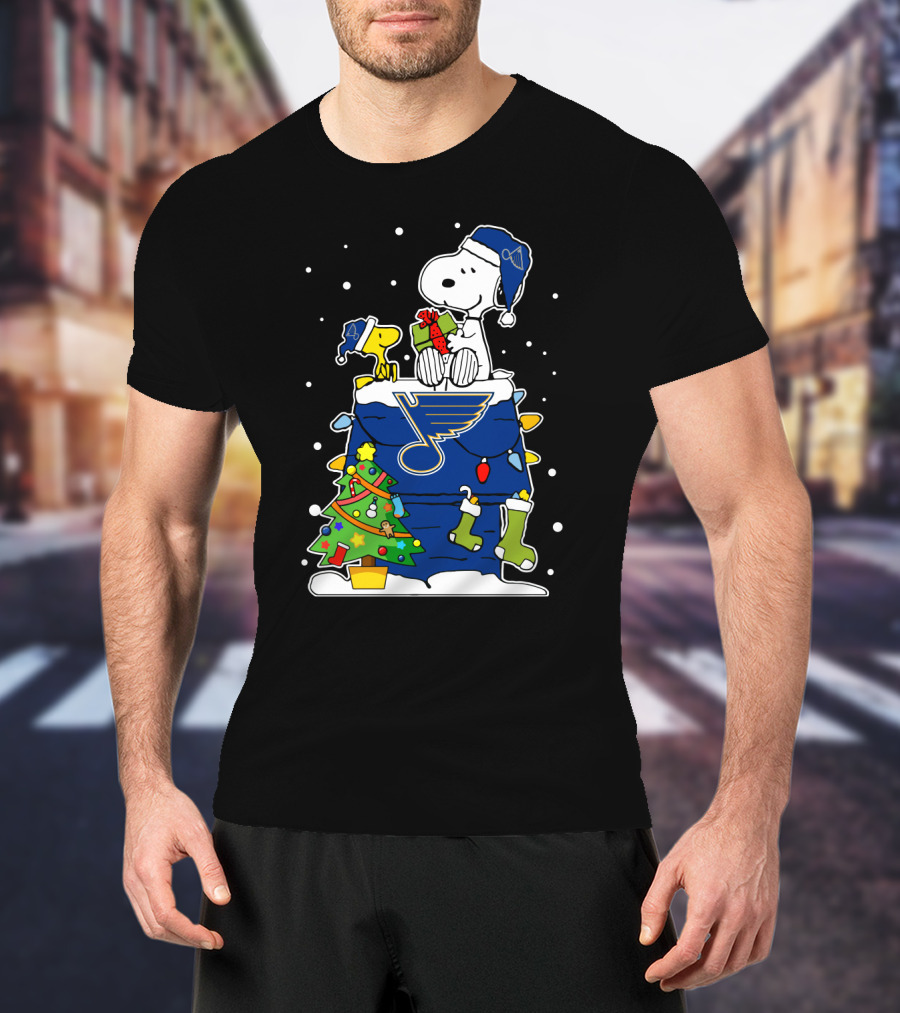 St. Louis Blues Snoopy Christmas Doghouse Scene With Woodstock And Gifts T-Shirt