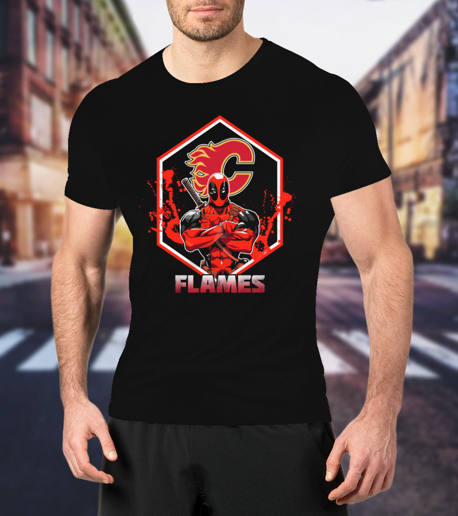 Deadpool Calgary Flames Crossover Fan T-Shirt